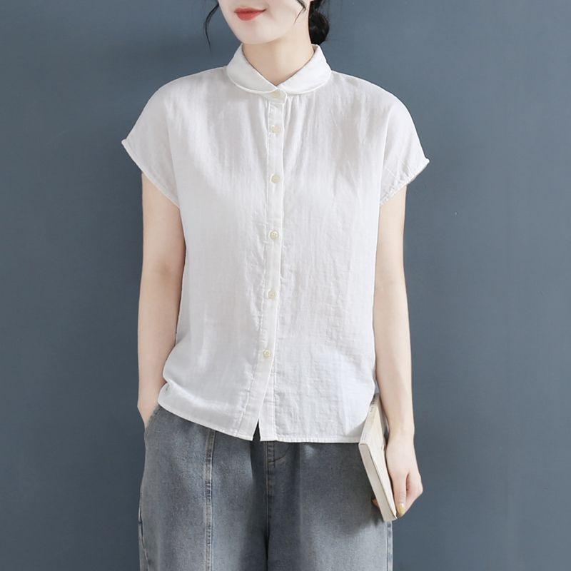 Plus-Size Women's Artistic Cotton Linen Shirt - Versatile Men's Fashionable Short Sleeve or Sleeveless Summer Top