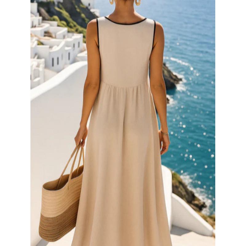 European & American Slimming Color Block Strappy Sleeveless Maxi Dress