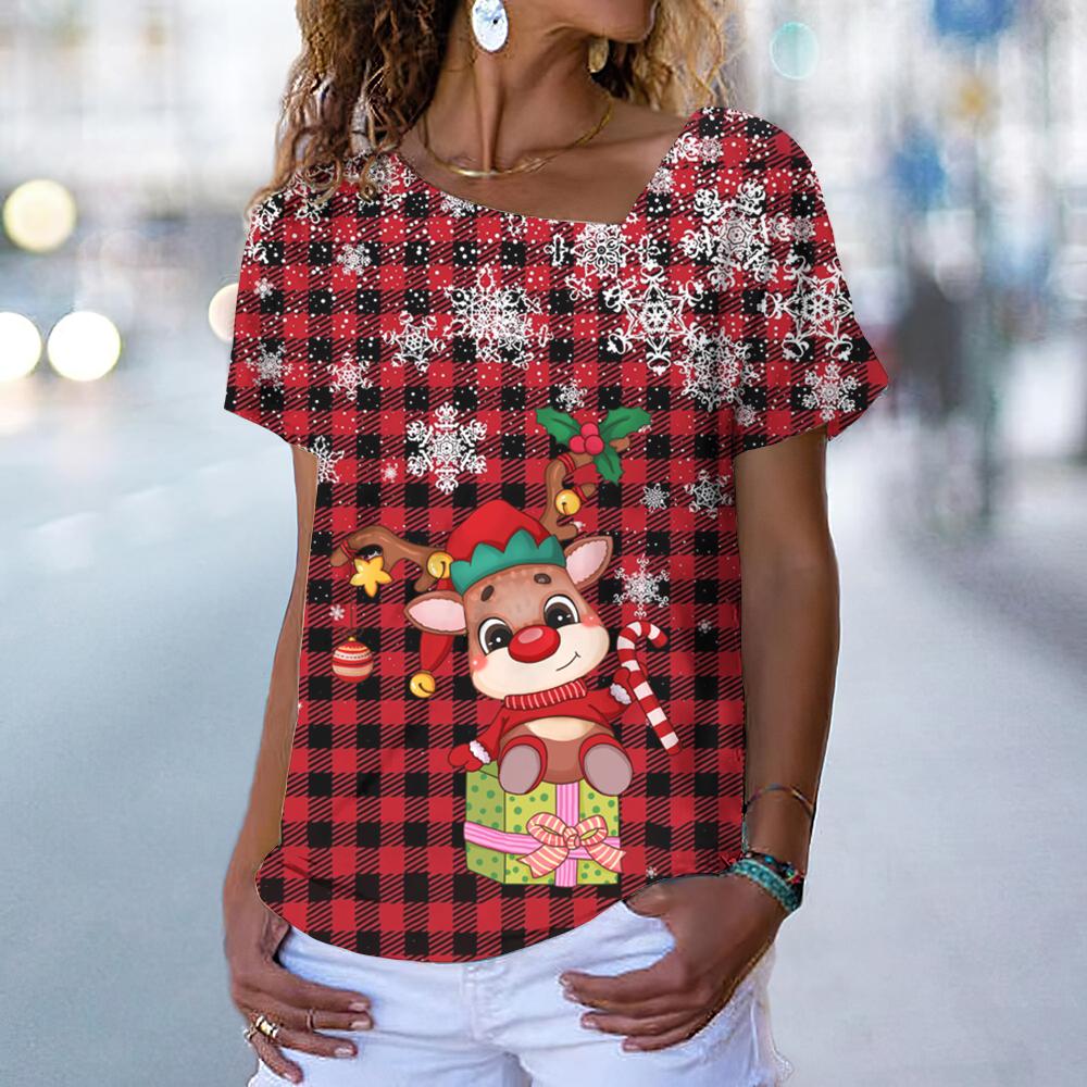 Christmas Elk Print Women's T-Shirt Kawaii Fashion Woman Clothing Oversized V-Neck Ladies Short Sleeve Tops Casual Pullover Tee