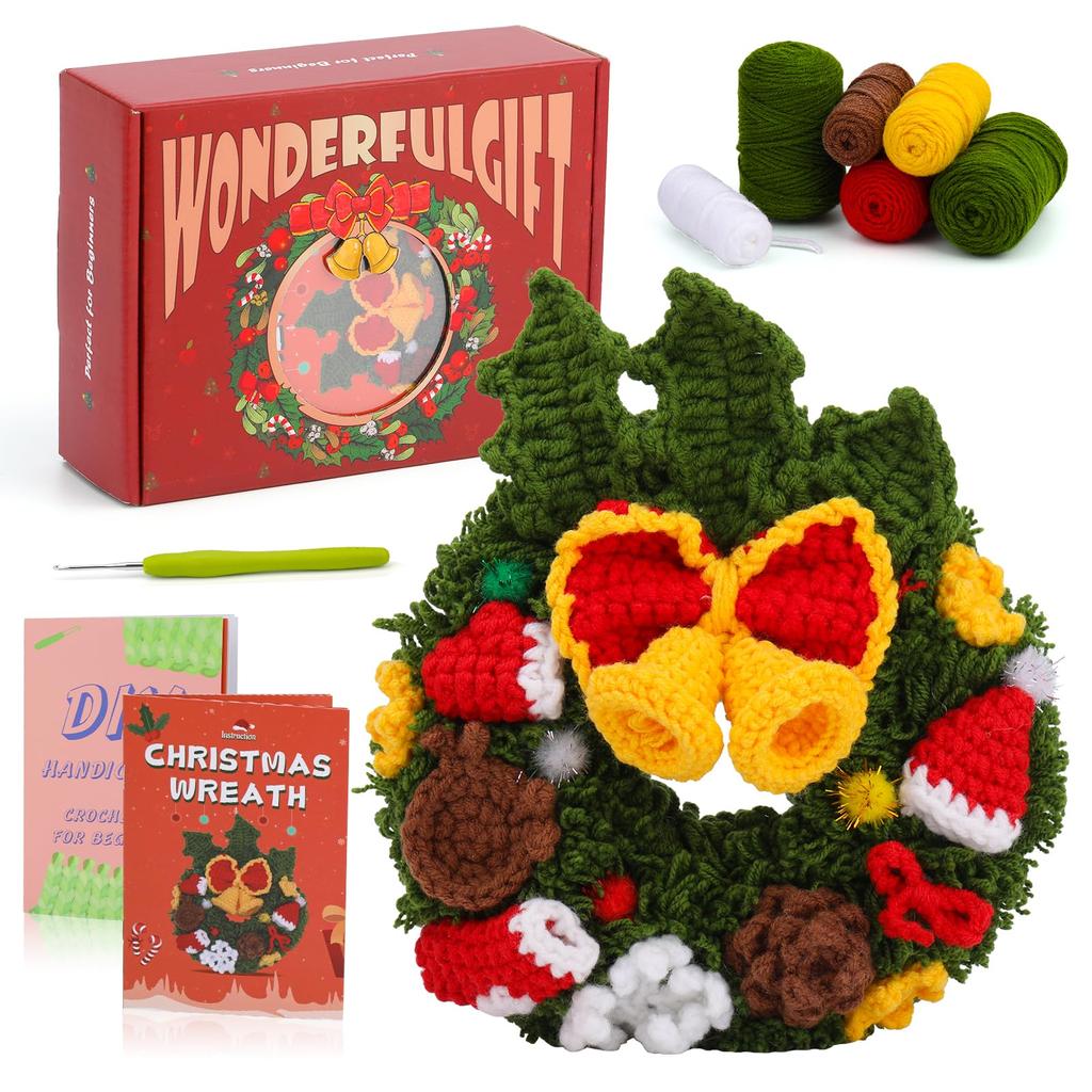 Fenrry Crochet Kit for Beginners Christmas Wreath Adults Knitting Kit with Step-by-Step Video Tutorials Crochet Yarn
