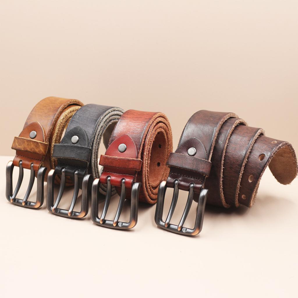 Retro Thickened Top-grain Cowhide Double-needle Belt, Men's Genuine Leather Trendy and Versatile Tough Guy Denim Belt