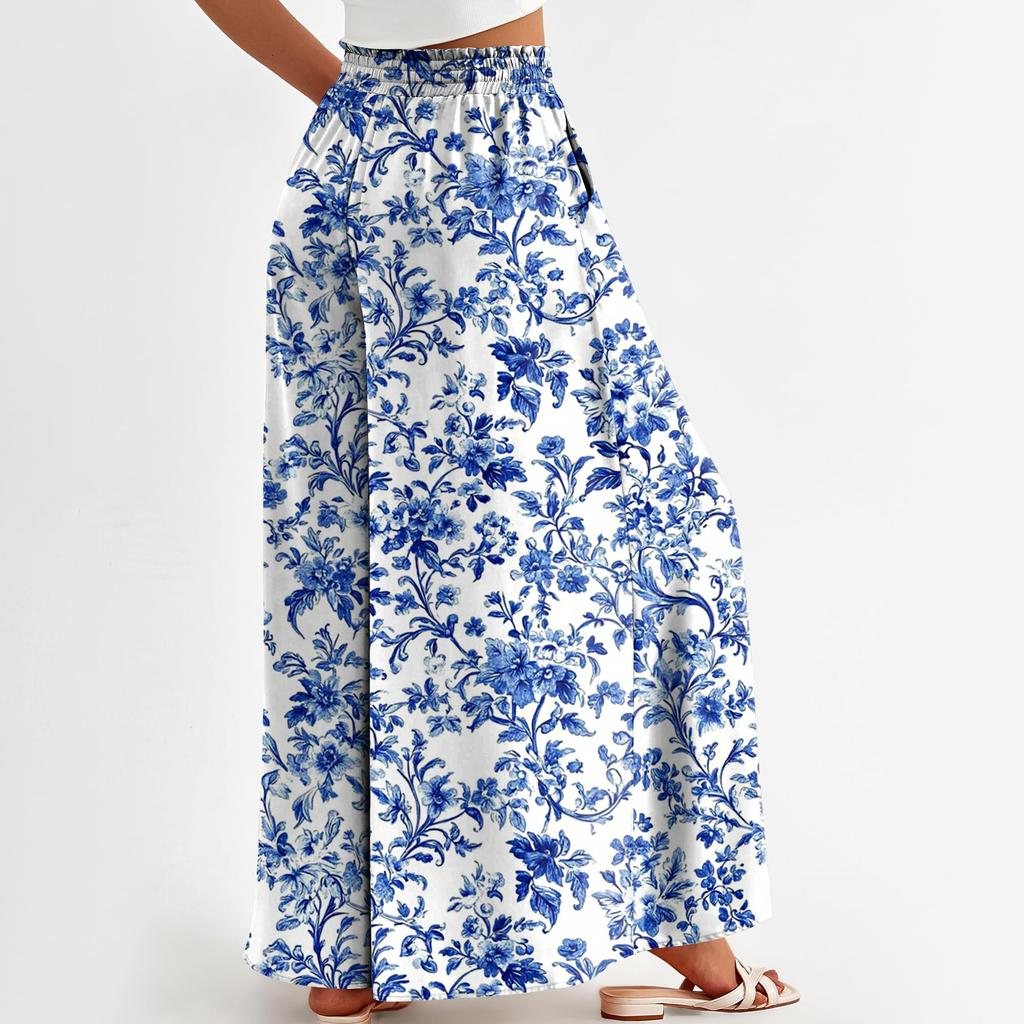 Dámské potištěné kalhoty s širokými nohavicemi s kapsami Vysoký pas Stahovací šňůrka Volné ležérní kalhoty