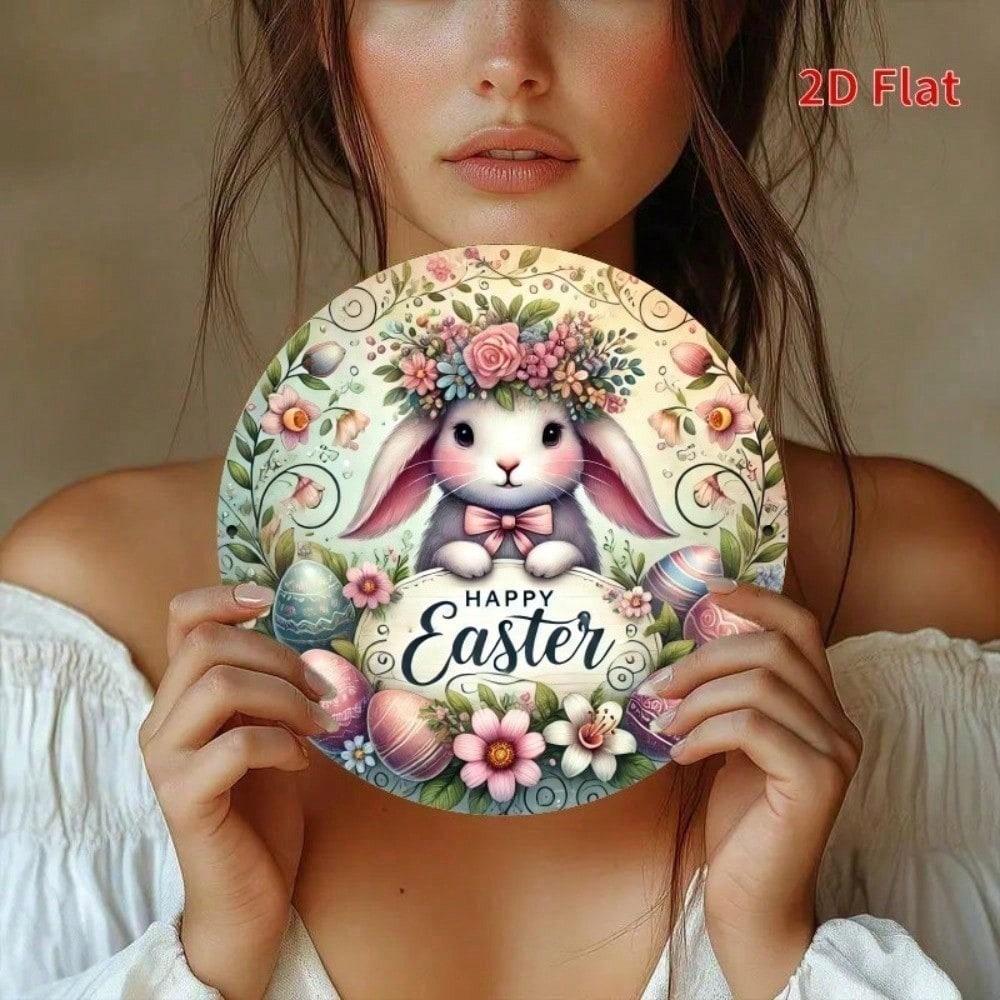 Vintage Easter Bunny Egg Floral Wreath Round Tin Sign, Rustic Metal Wall Art Decor, Spring Printed Poster for Kitchen Home разноцветный