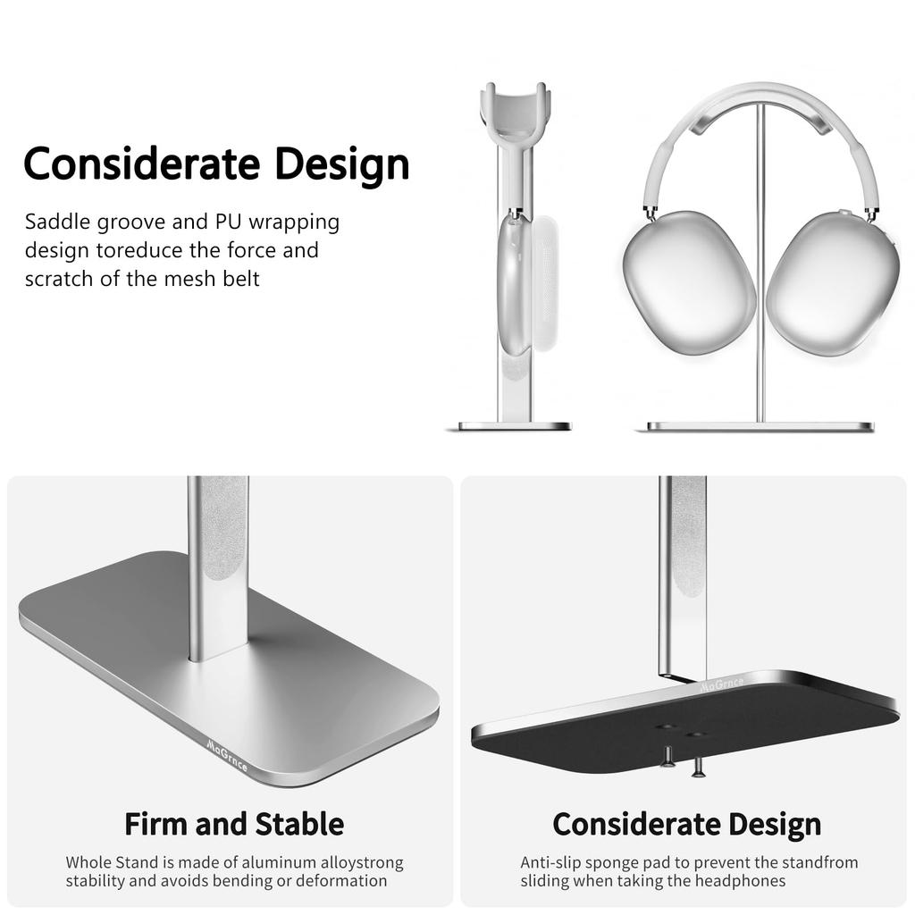 MaGrnce Airpods Max Headphone Sleep Mode Aluminum Headphone Holder with Base Protective Leather Pad for Headphone Stand, Non-Slip & Home/Game