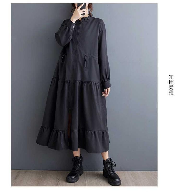 New Loose Retro Fashion Pleated Splicing Mid-Length Zipper Style Dresses
