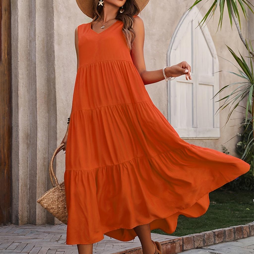 Women's Summer Casual Sleeveless Swing Sundress Boho Flowy Ruffle Tiered Maxi Dress