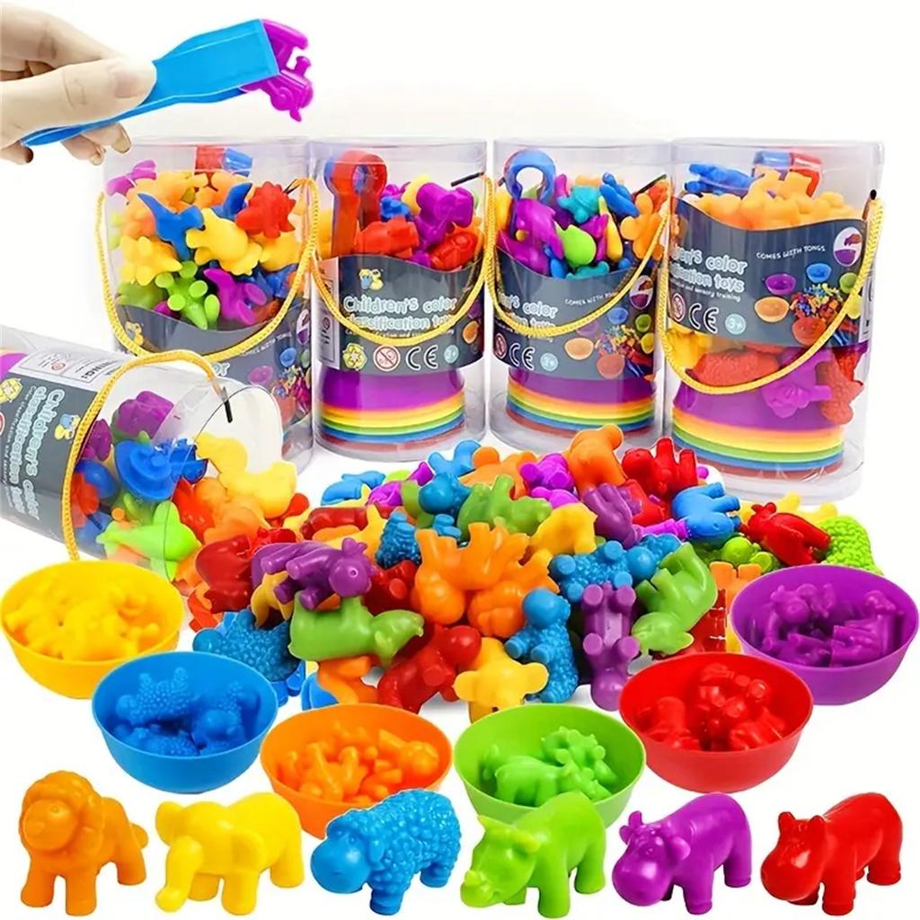 Children Counting and Sorting Toys  Pom poms Rainbow Colors Plastic Bowls Tweezers Fine Motor Skill Chidlren Learning Toys