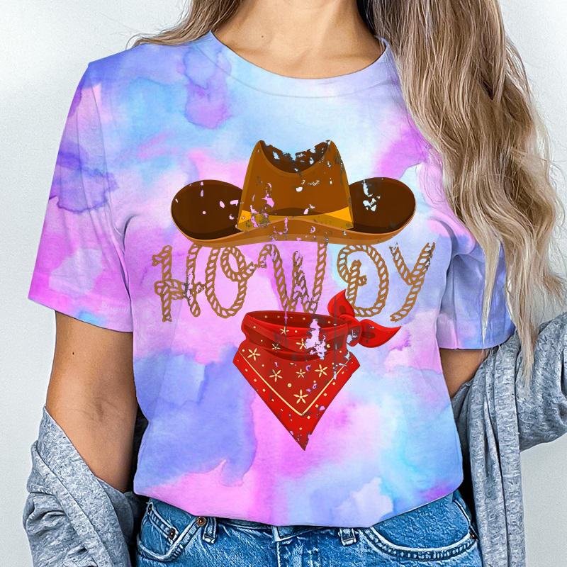 Retro Howdy Cowgirl Print T-shirts For Women Summer Short Sleeve Crew Neck T-shirt Vintage Graphic Tops Tie Dye T-shirts