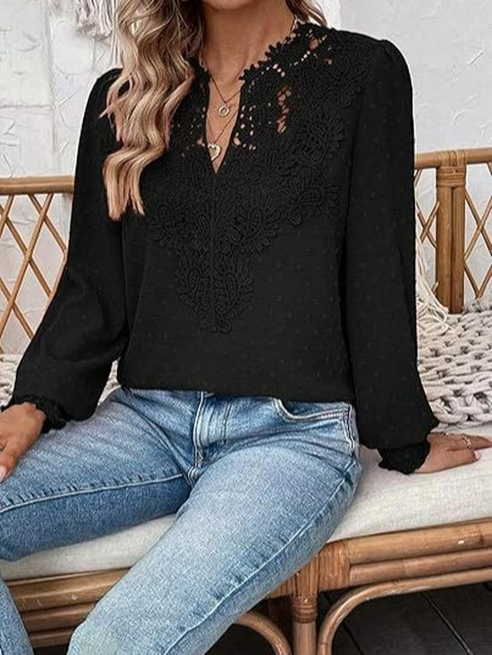 2025 Women s Fashion Lace V-Neck Long Sleeve Blouse Extra Large чёрный