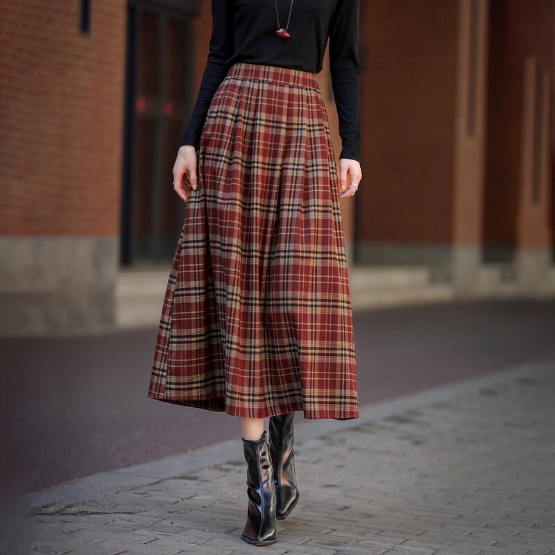 Demana Retro Plaid Elastic Waist Pleated Midi Skirt