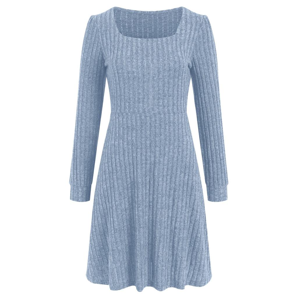 Vestido de Punto de Manga Larga para Mujer con Bolsillos Cuello Cuadrado Vestidos Ajustados Tejido de Color Puro Vestido Elegante para Mujer