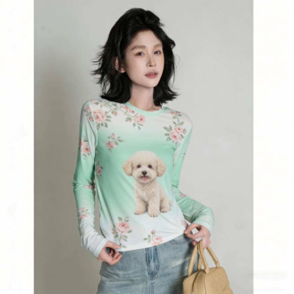 Spring Fashion Flower Dog Print Women's T-shirt Europe America Casual Pullover Women Long Sleeve Clothing Outdoor Street Tees Top