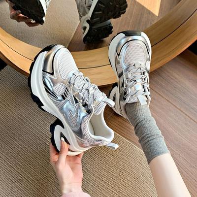 Spring Platform Dad Shoes Women's New Mesh Breathable Fashion Silver Heightening Casual Sports Shoes Trendy Shoes