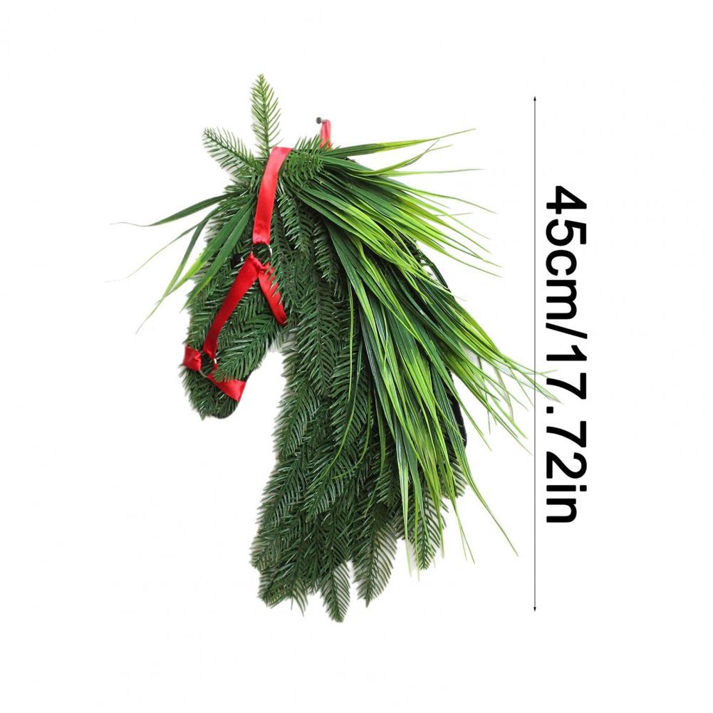 Horse Head Wreath Rustic Farmhouse Equestrian Front Door Decor Artificial Pine Branches Wreath with Red Ribbon for Wall Decor