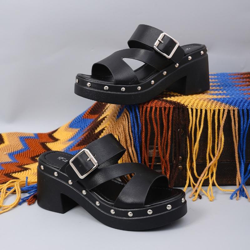 Summer New Versatile Fashion Non-Slip Slippers High Heel Block Heel Flip-Flop Heightening Sandals