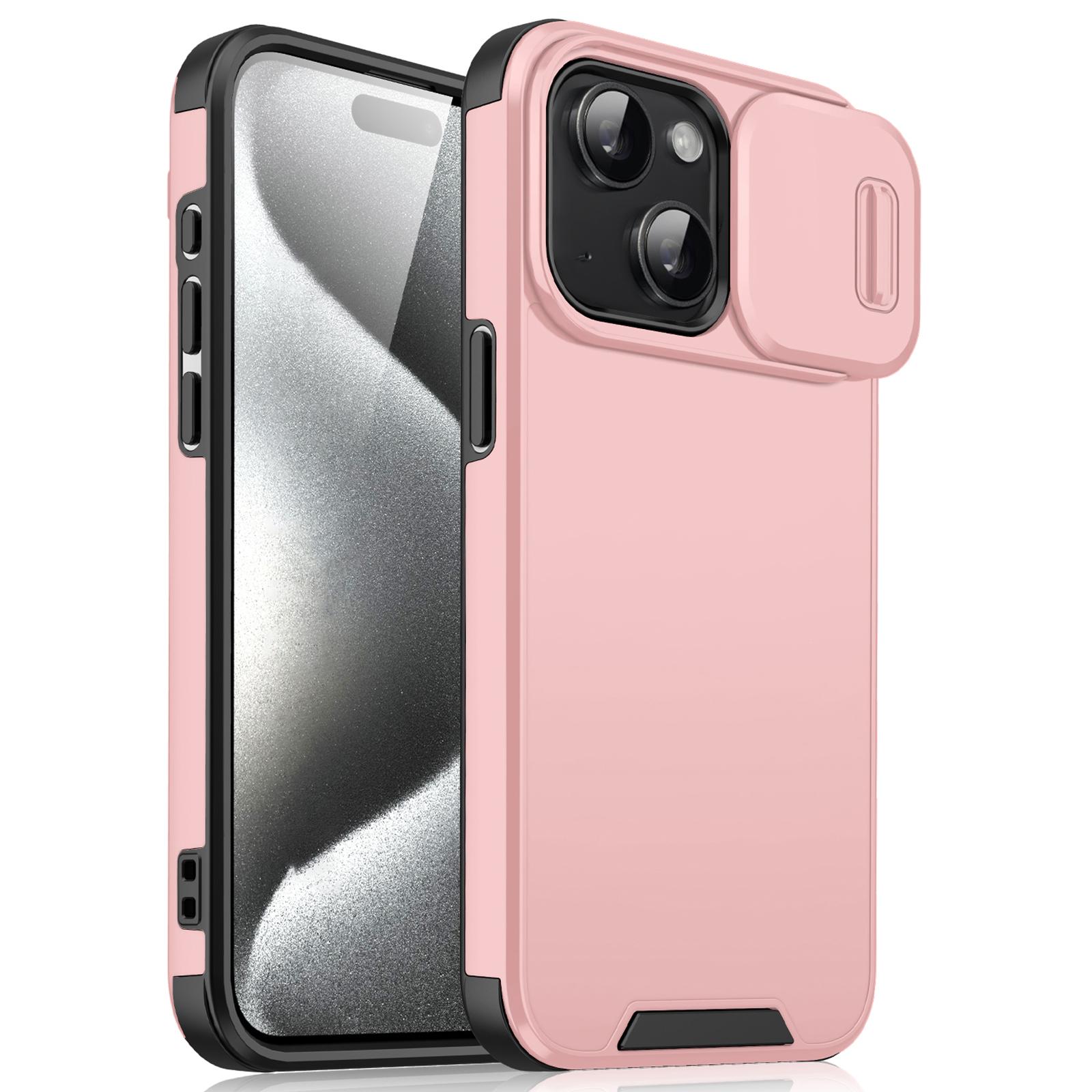 

For iPhone 15 Case with Slide Camera Cover PC+TPU Protective Phone Protector Pink