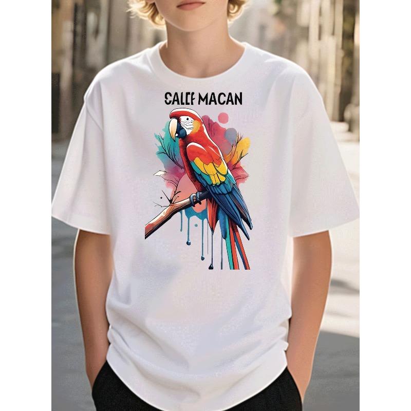 European sizes Boys Clothing Casual Trendy Street Style Graphic Tee with Watercolor Scarlet Macaw Parrot Pattern Kids Wear for Boys Daily Wear 110 белый