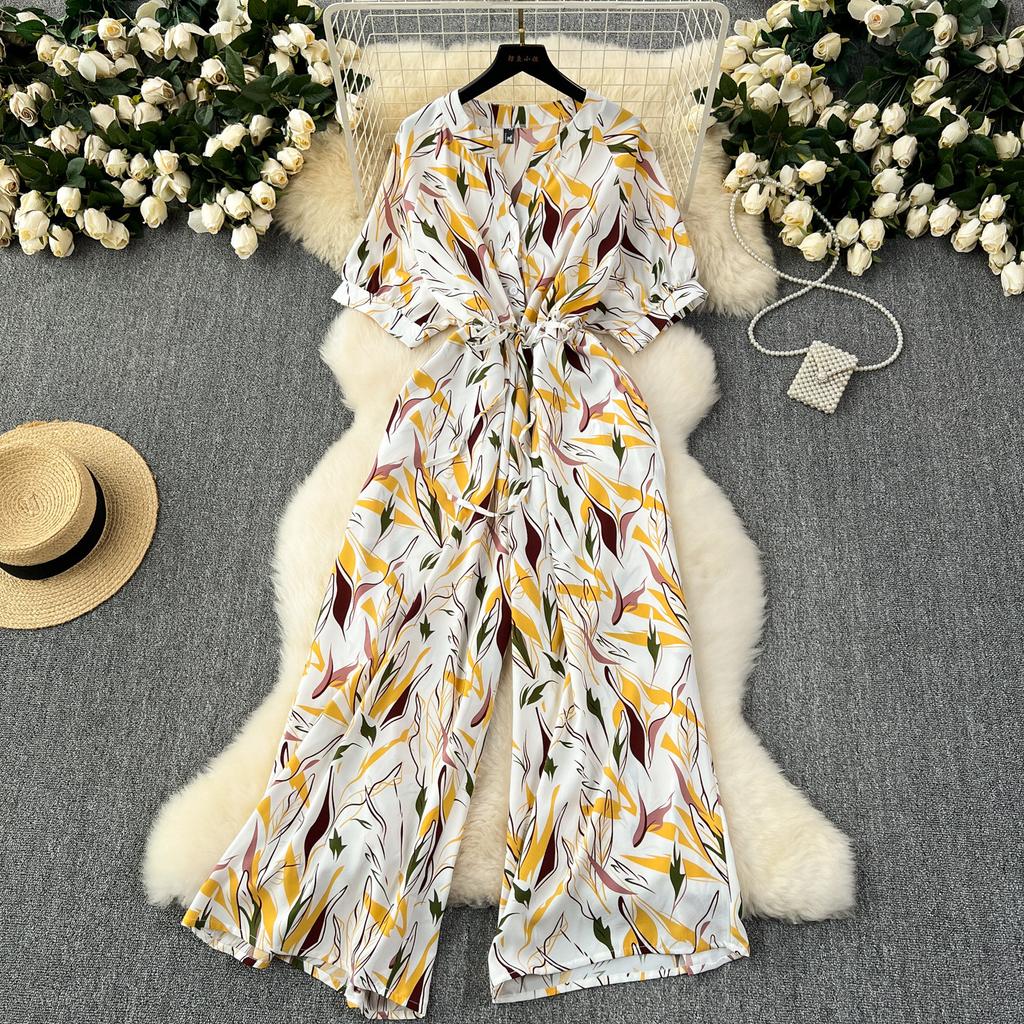 Short Sleeve Wide Leg Pants Jumpsuit Casual Elegant for Women Office Lady Print Bandage Femme Thin Slim V Neck Jumpsuit