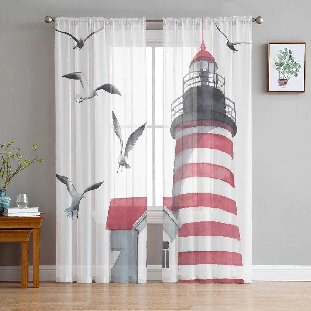 Sheer Watercolour Lighthouse Big Surf Seabird Curtains Living Room Bedroom Decoration Window Voiles Morning Tulle Curtain Polyester Washable Great