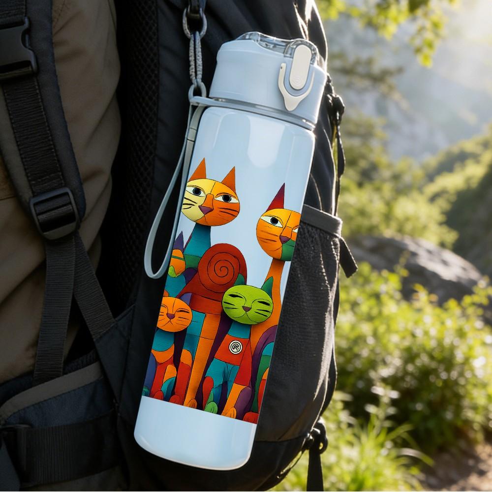 1PC Colorful Stacked Cat Pattern 750ml Color Plastic Sports Water Bottle Leakproof Flip Straw Lid Suitable for Sports Office Home Use