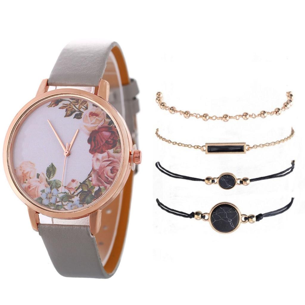 Stylish And Simple Rose Face Leather Belt Watch Female Pu Belt Quartz Lady Watch Watch Bracelet Set Female