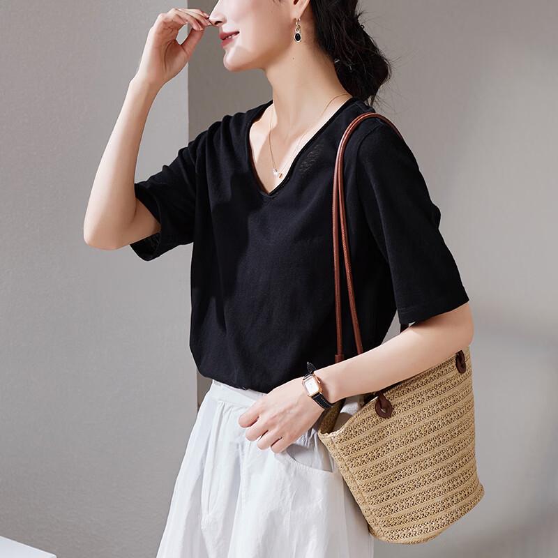 SOFSIL 2026 Summer V-Neck Short Sleeve T-Shirt for Women L