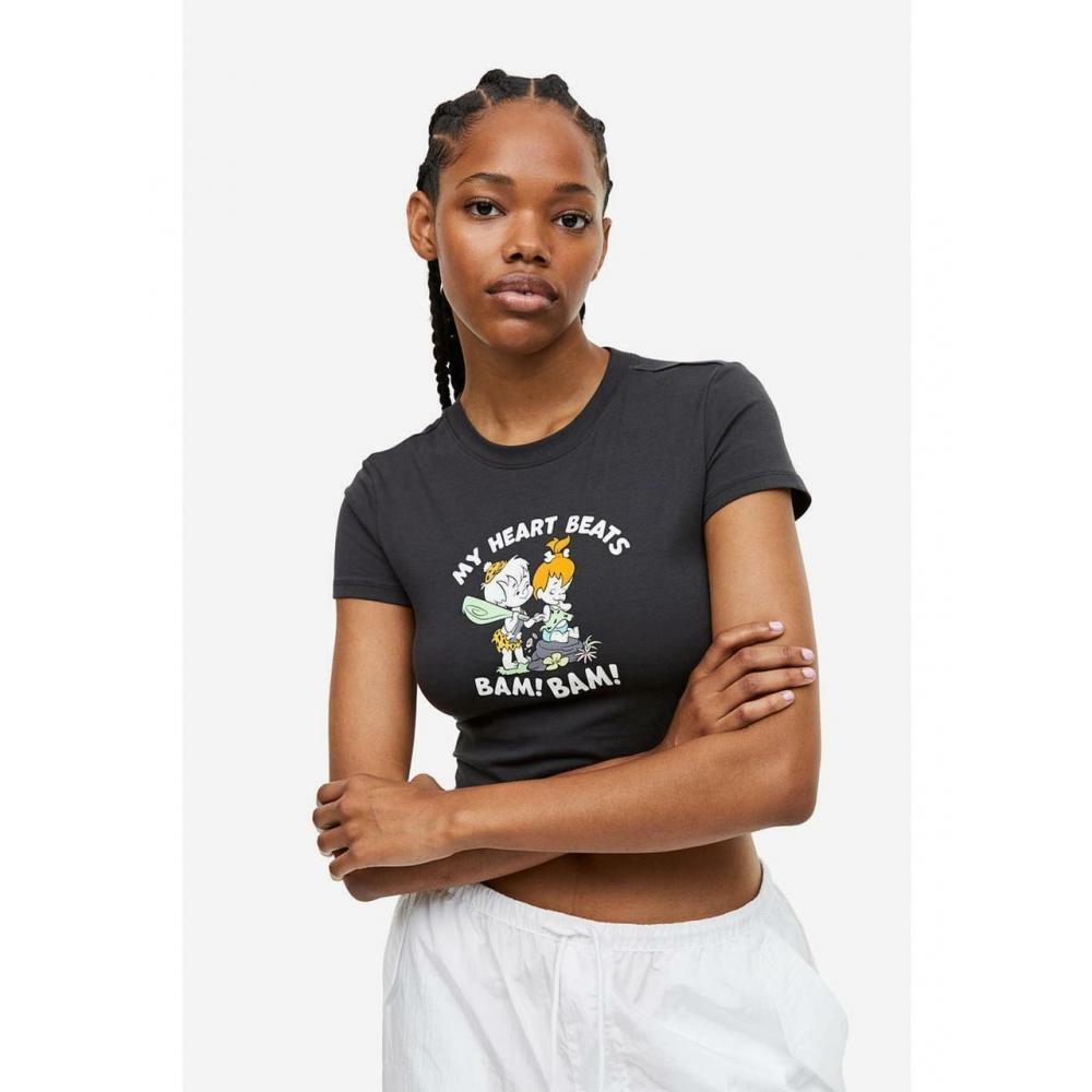 

Укороченная футболка с принтом HM Черная Flintstone 1174433001