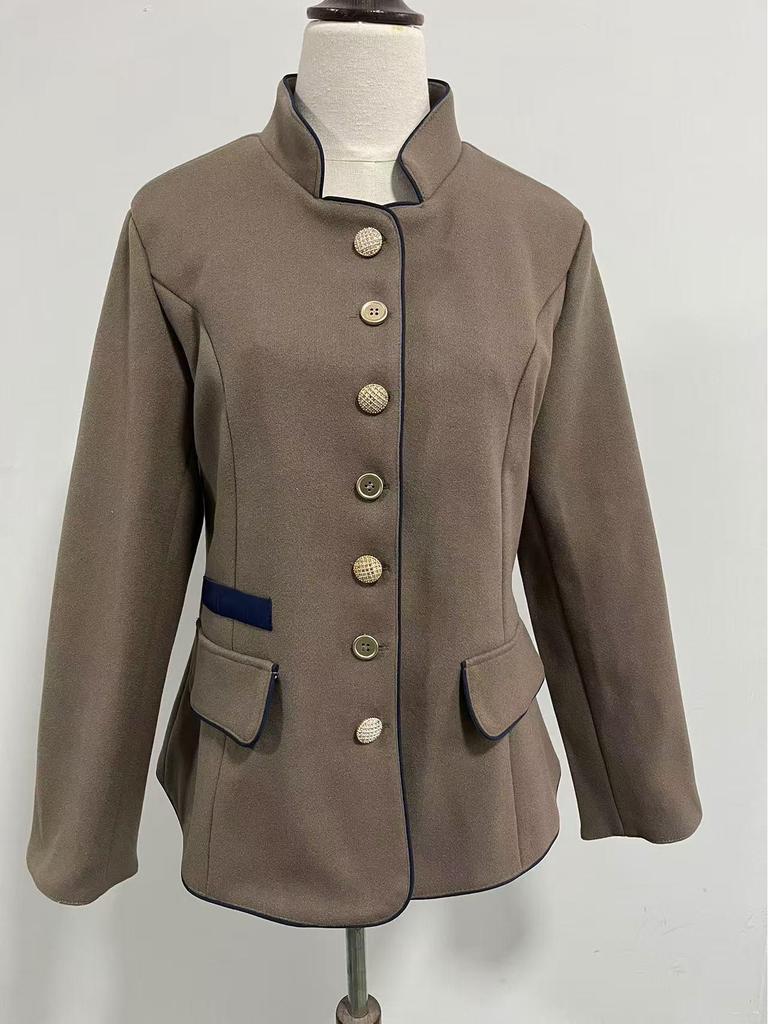 2025 Spring Women's Woolen Vintage Color Block Stand Collar Coat