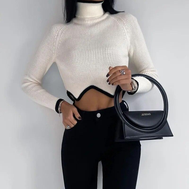 Fashion Turtleneck Irregular Hem Women Short Sweater Autumn Winter Long Sleeve Knitted Pullover Tops Elegant Sueter Mujer 30568