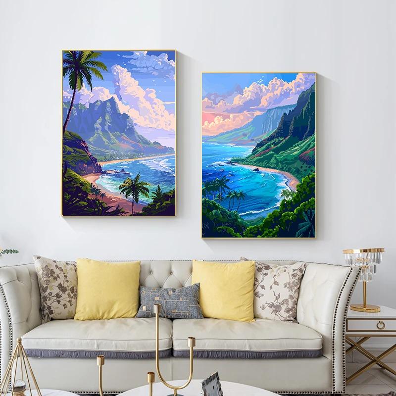 Hawaii Pixel Art Travel Landscape Poster Flower Island Sand Beach Sky Scenery Canvas Painting Room Home Wall Decor Mural