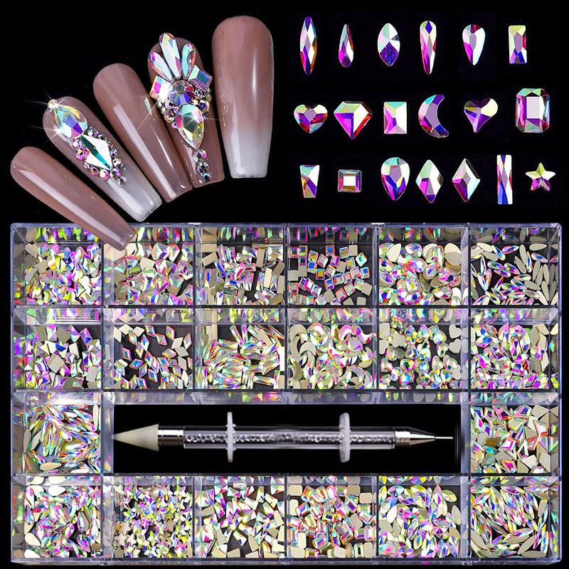 21/24 Grid Luxury Rhinestone Nail Art Jewelry Set Glass Nail Crystals Box Cristales Original 3D Flat Glass Shaped Nail Gems
