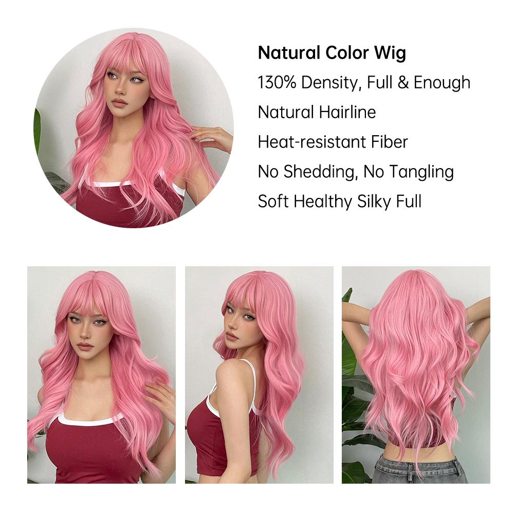 Light Pink Long Wavy Cosplay Synthetic Hair Wigs with Bangs for White Women Afro Lolita Water Wave Halloween Heat Reisitant Wig