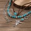 Salircon 3pcs Set Vintage Ethnic Style Bull Head Pendant Necklace for Women Exquisite Green Stone Beads Clavicle Chain Jewelry