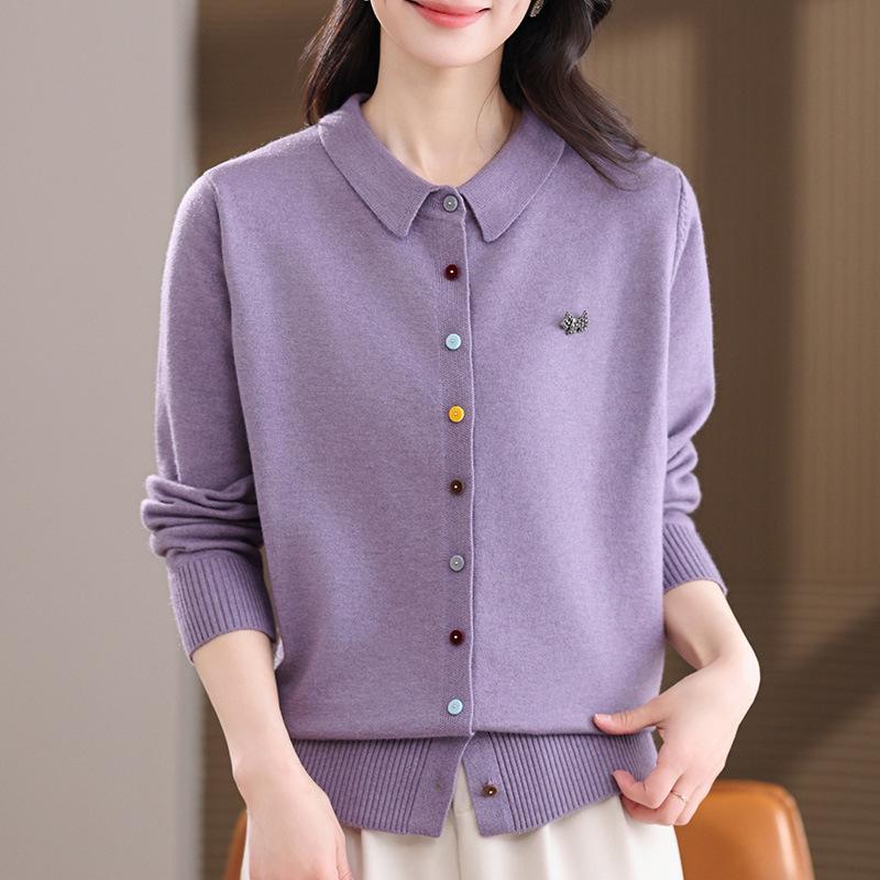 Women's Lapel Knit Cardigan - Chic, Versatile Spring/Autumn Jacket, Slimming Loose Fit, Ideal for Middle-Aged and Elderly Moms