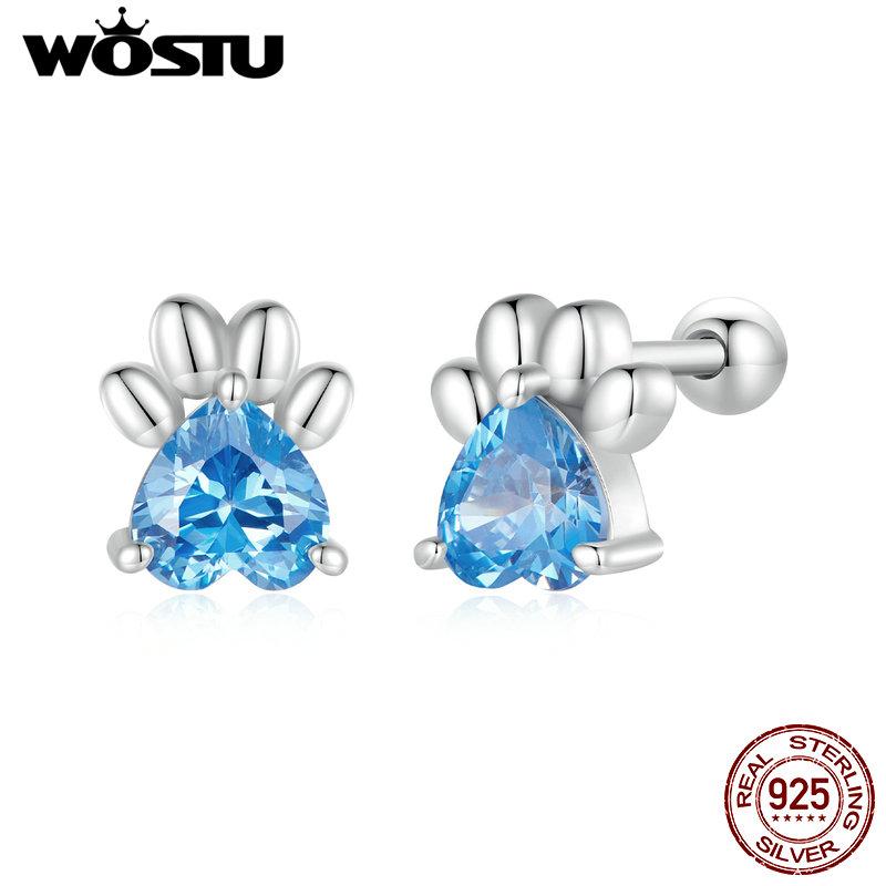 WOSTU 925 Sterling Silver Pink Zircon Pet Dog Paw Stud Earrings For Women Lovely Heart Zircon Ear Studs Birthday Jewelry Gift