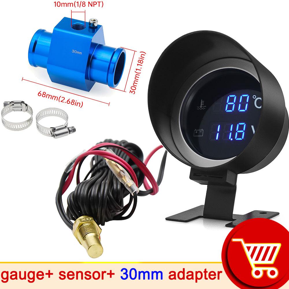 Car Digital Led Water Temperature Gauge -10-110 Celsius With Water Temp Joint Pipe Sensor 10MM Adapter 1/8NPT Voltmeter 2 IN 1