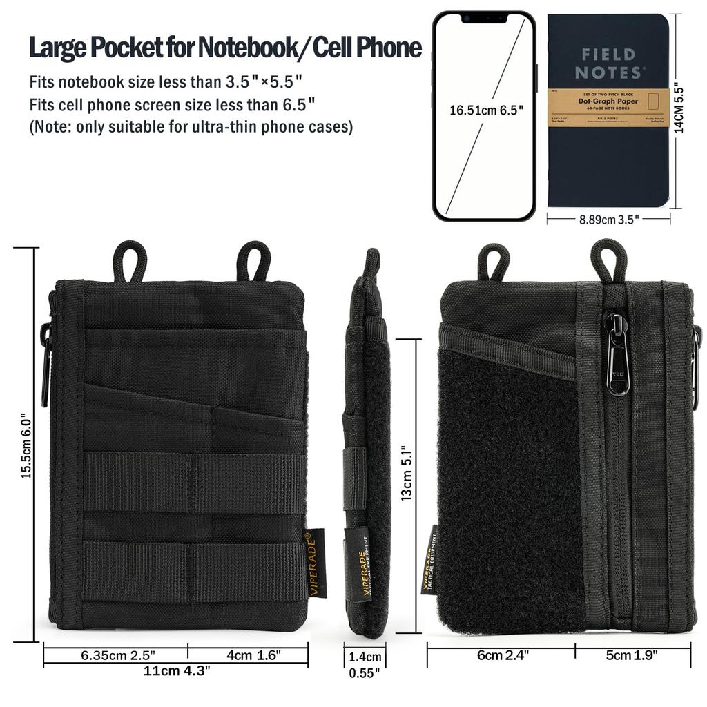 VIPERADE VE18 EDC Pouch for Pocket Organizer Pouch with 3 2 Zipper Velcro and Pouch Men, Slots, Pockets, Pouch, Multi-Tool (Black)