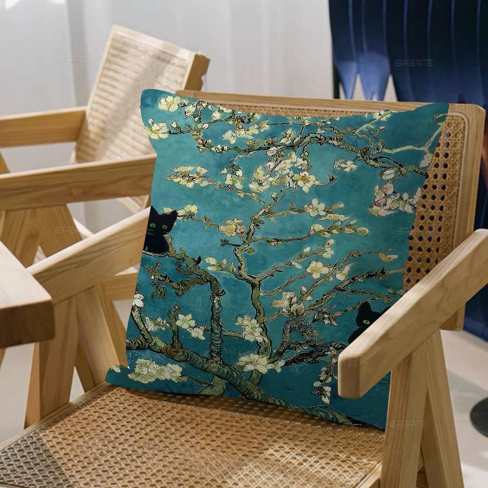 Svart Katt Van Gogh Kuddfodral Tecknad Gåva Kuddfodral Sovrum Hem Soffa Stol Säte Dekor Kuddfodral