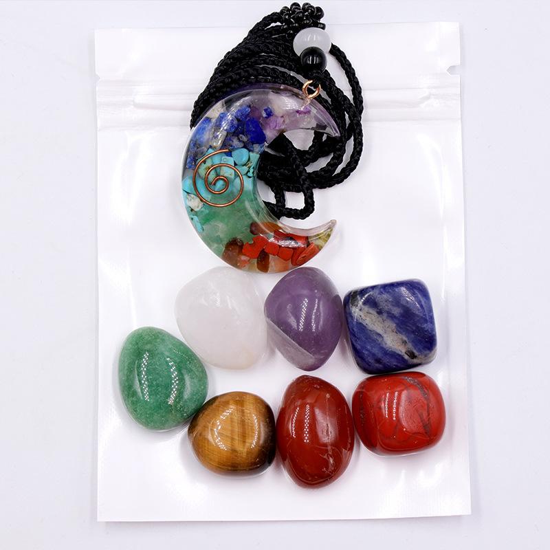 Natural Crystal Stone Set Chakra Healing Gemstone Quartz Mineral Ornament Gemstone Resin Pendant Gifts Box Home Decor for Gift