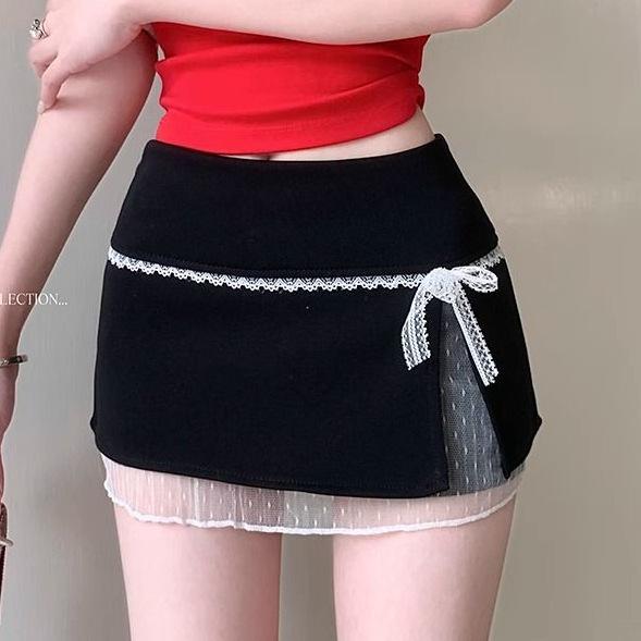 Bowknot Sweet Lace Patchwork High-Waisted A-Line Skirt - Summer Spicy Style Anti-Exposure Hip-Hugging Short Skirt for Women.