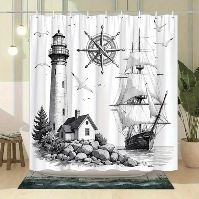 Retro Nautical Shower Curtain - Lighthouse & Sailing Ship, Spiral Staircase, Seagulls & Compass Rose, Polyester,70.8x70.8 Inches