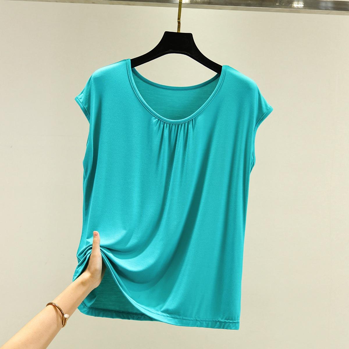 

Solid color round neck sleeveless T-shirt women s summer loose large size vest bottoming shirt thin versatile thin top 3xl(recommended 80-90kg ) озеро синього кольору