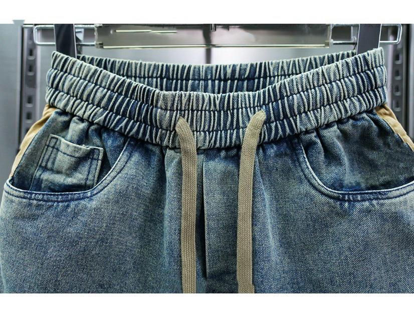 Korean-Style Men's Elastic Waist Drawstring Jeans: Trendy, Handsome, Splicing Harem Pants with Wide Leg Skinny Fit for Autumn/Winter.