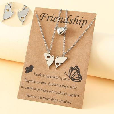 European & American Stainless Steel Butterfly Friendship Necklace Set with Magnetic Love Clavicle Chain