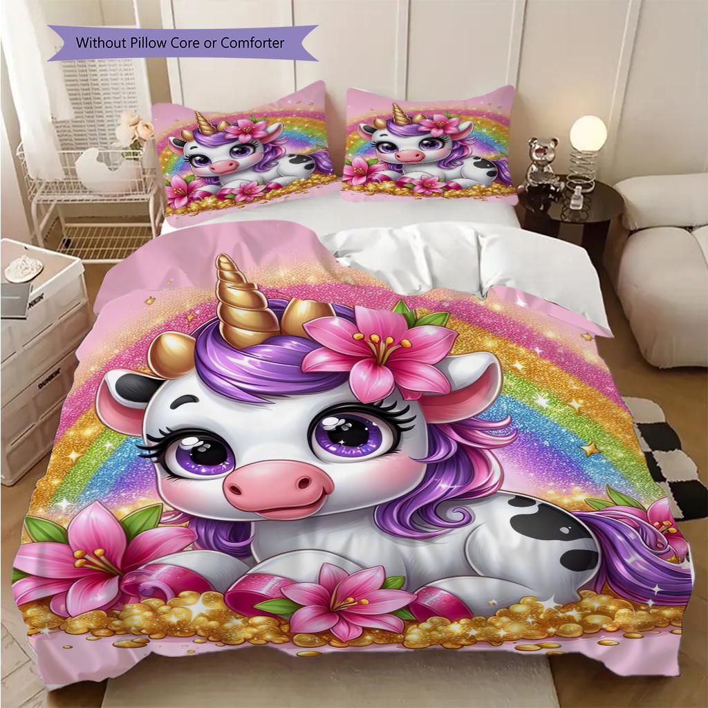 Cartoon cute fantasy unicorn bedding, duvet cover, pillowcase, home decoration, birthday gift (1 * duvet cover+2 * pillowcase, coreless)