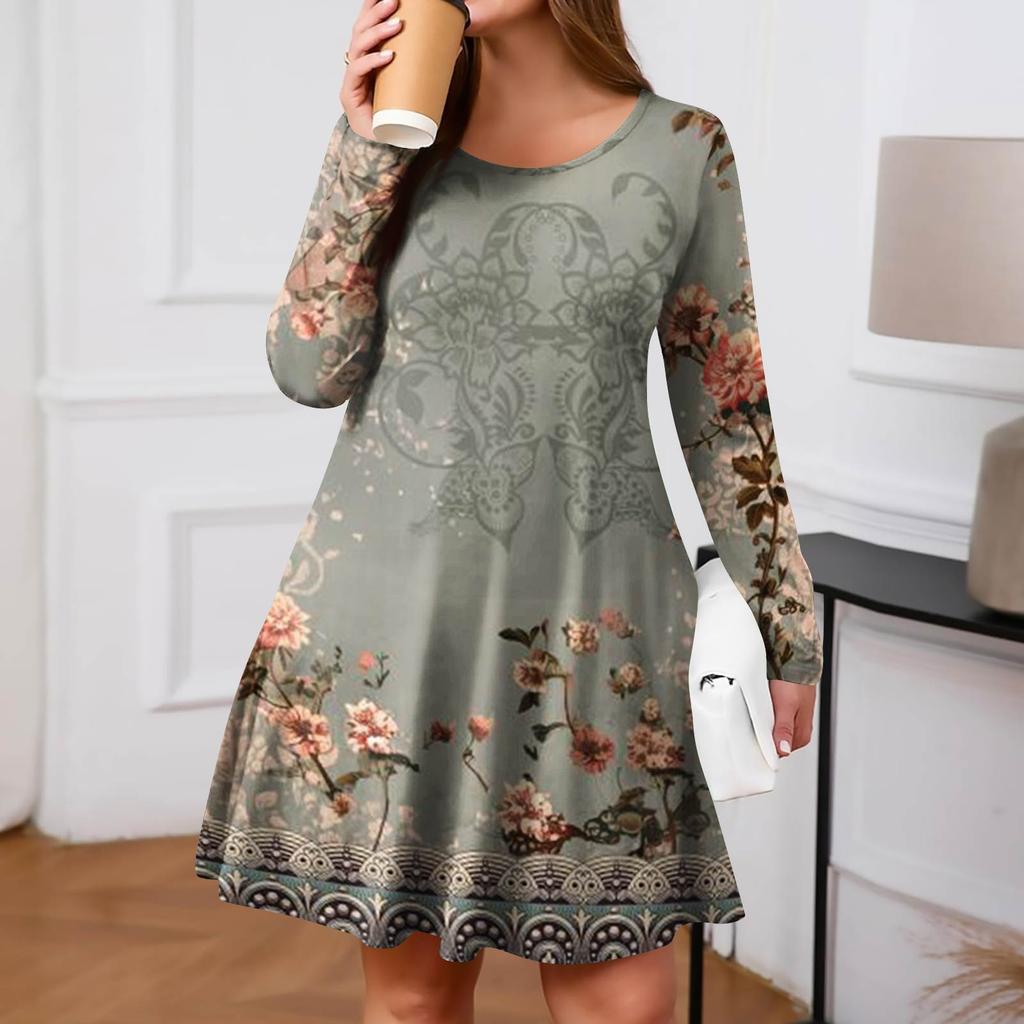 Plus Size Women's Gradient Print Casual Spring/Autumn Pocket Round Neck Long Sleeve Dress