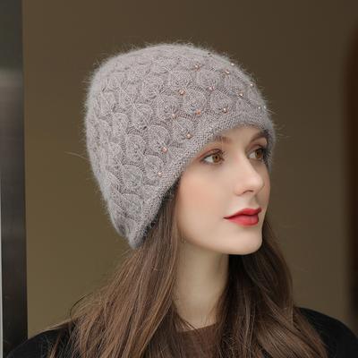 New Winter Hat Street Fashion Rabbit Fur Blend Thick Warm Beanie Hat for Women Elegant Pearl Decoration Knitted Hat Ladies Gift EMA