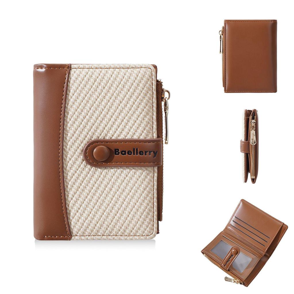 Korean Style Women's Short Wallet with Color Block, Multiple Card Slots, Money Clip, Zipper Coin Purse