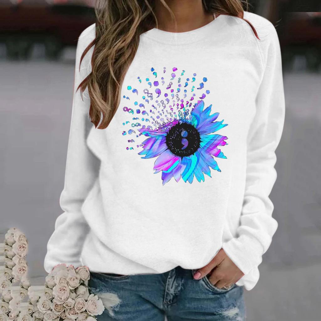 Women's Fashion Casual Print Round Neck Sweater Loose Sports Tops Pullover