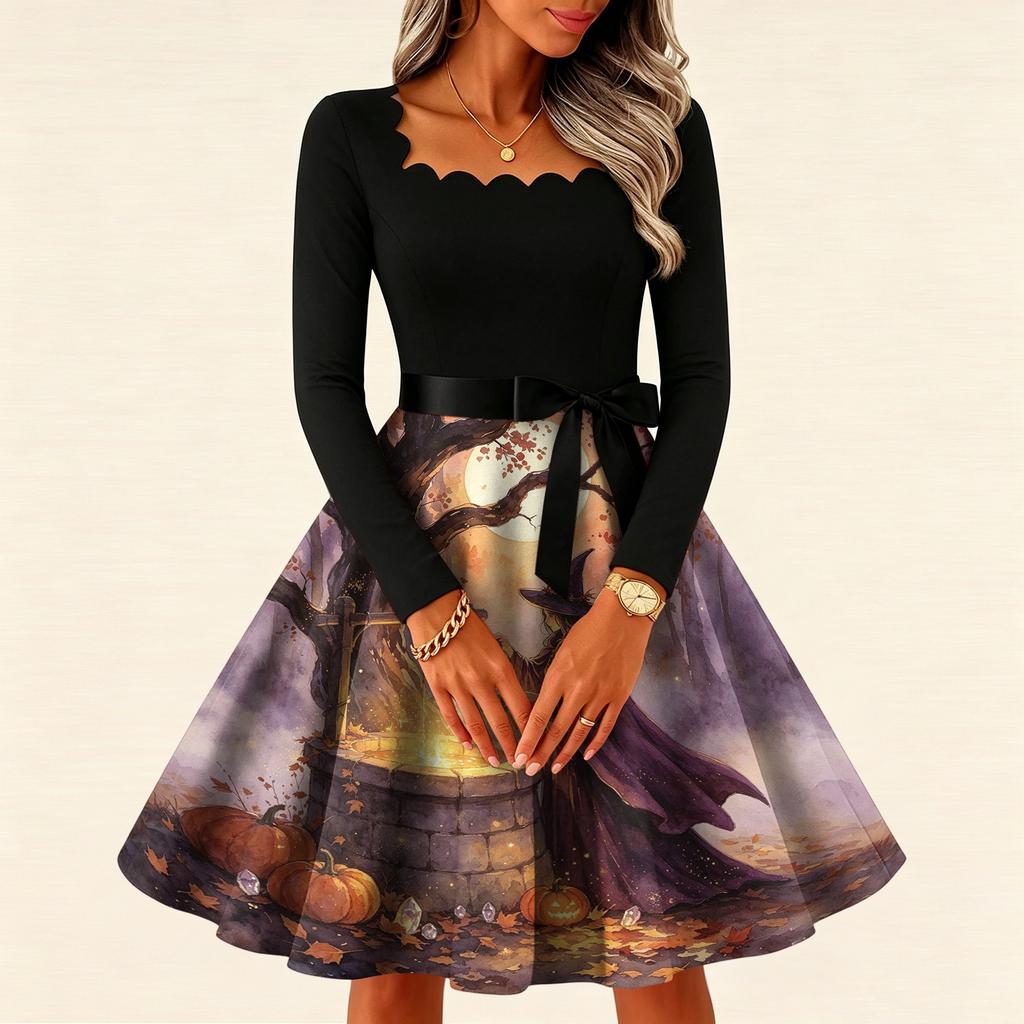 Women's Vintage Long Sleeve Square Neck Halloween Print Evening Dress for Party Occasions